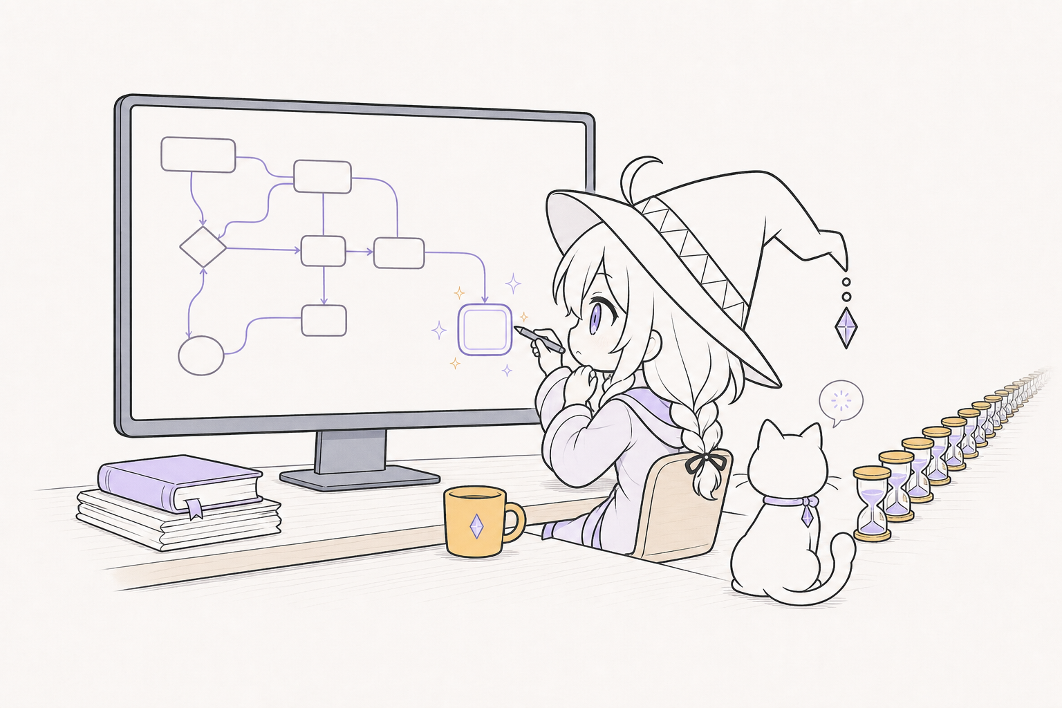 The avatar girl finishes wiring the workflow and waits with the cat beside a long queue of hourglasses