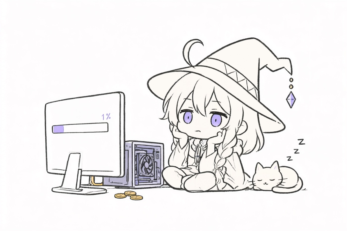 The avatar girl waiting for a slow progress bar while the cat has already fallen asleep