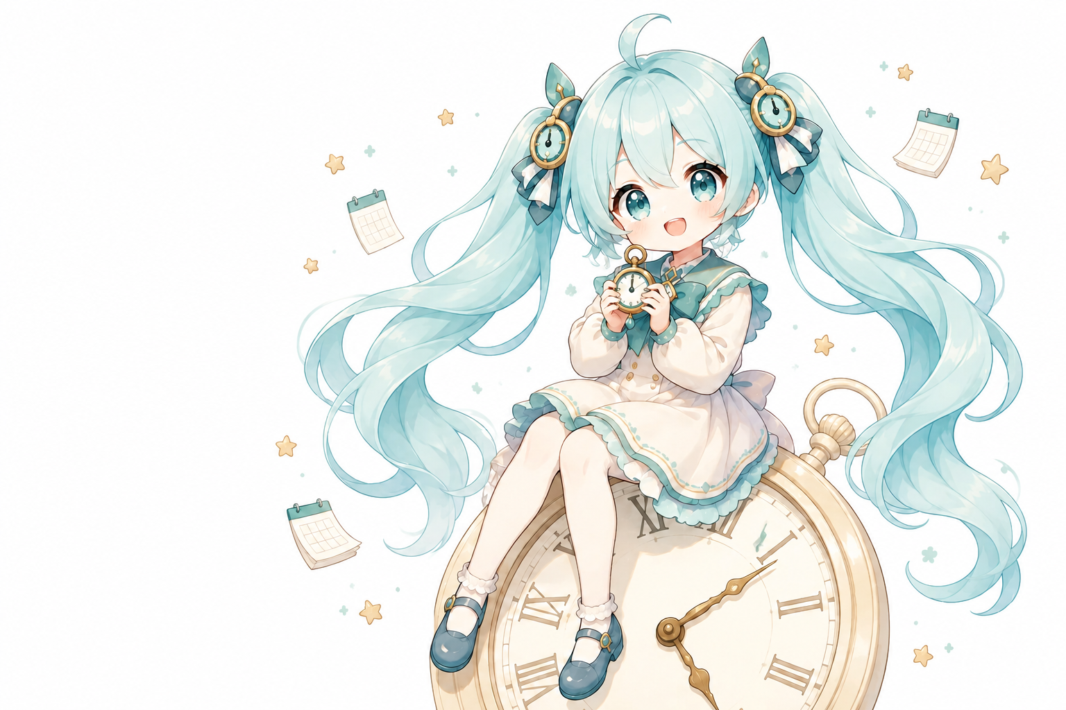 Tick’s mint-haired timekeeper holding a pocket watch on a giant clock