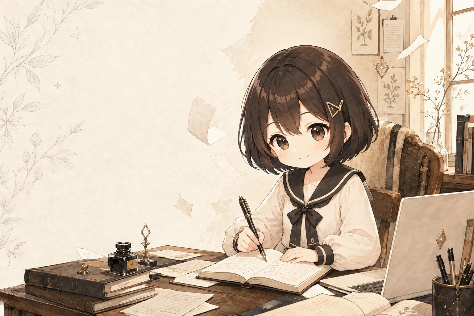 Viva 的棕发少女角色拿着钢笔,坐在摊开的笔记本前